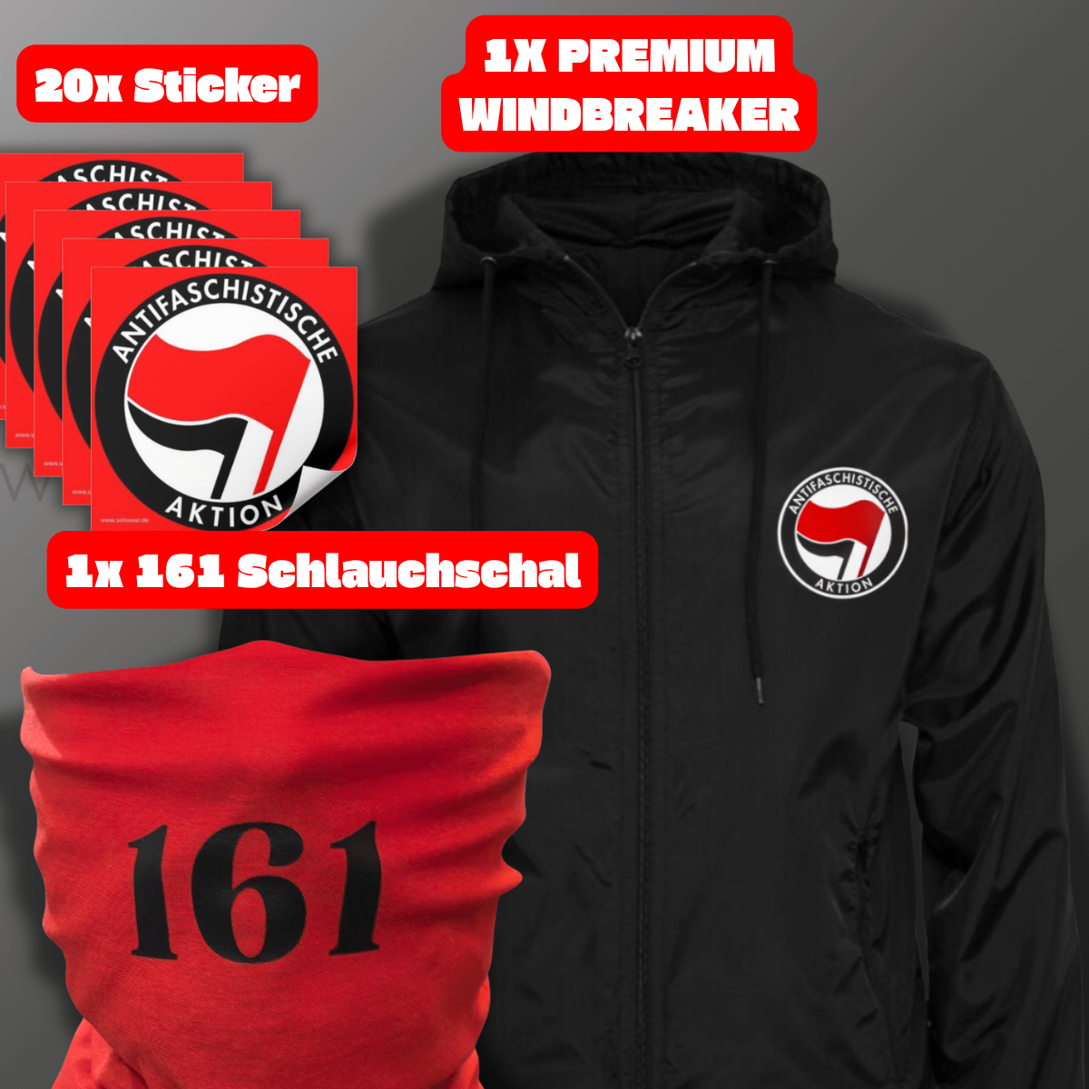 Antifa Aktionspaket – Windbreaker, Schal & Sticker - SoliWear