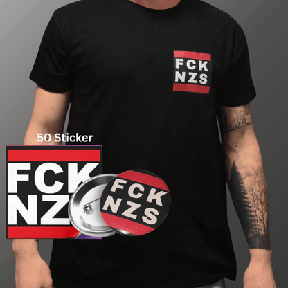 FCK NZS Bundle – T-Shirt + Pin + 50 Sticker | Gegen Rechts - SoliWear