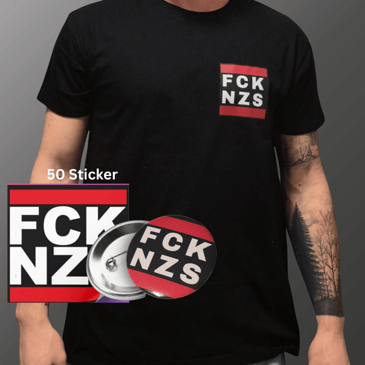FCK NZS Bundle – T-Shirt + Pin + 50 Sticker | Gegen Rechts - SoliWear