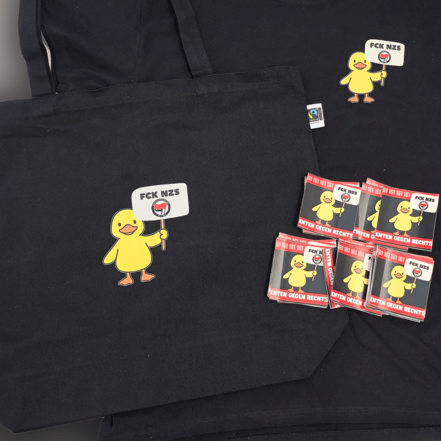 Antifa Enten Bundle – 50 Sticker + T-Shirt + Tasche | Demo - Paket - SoliWear