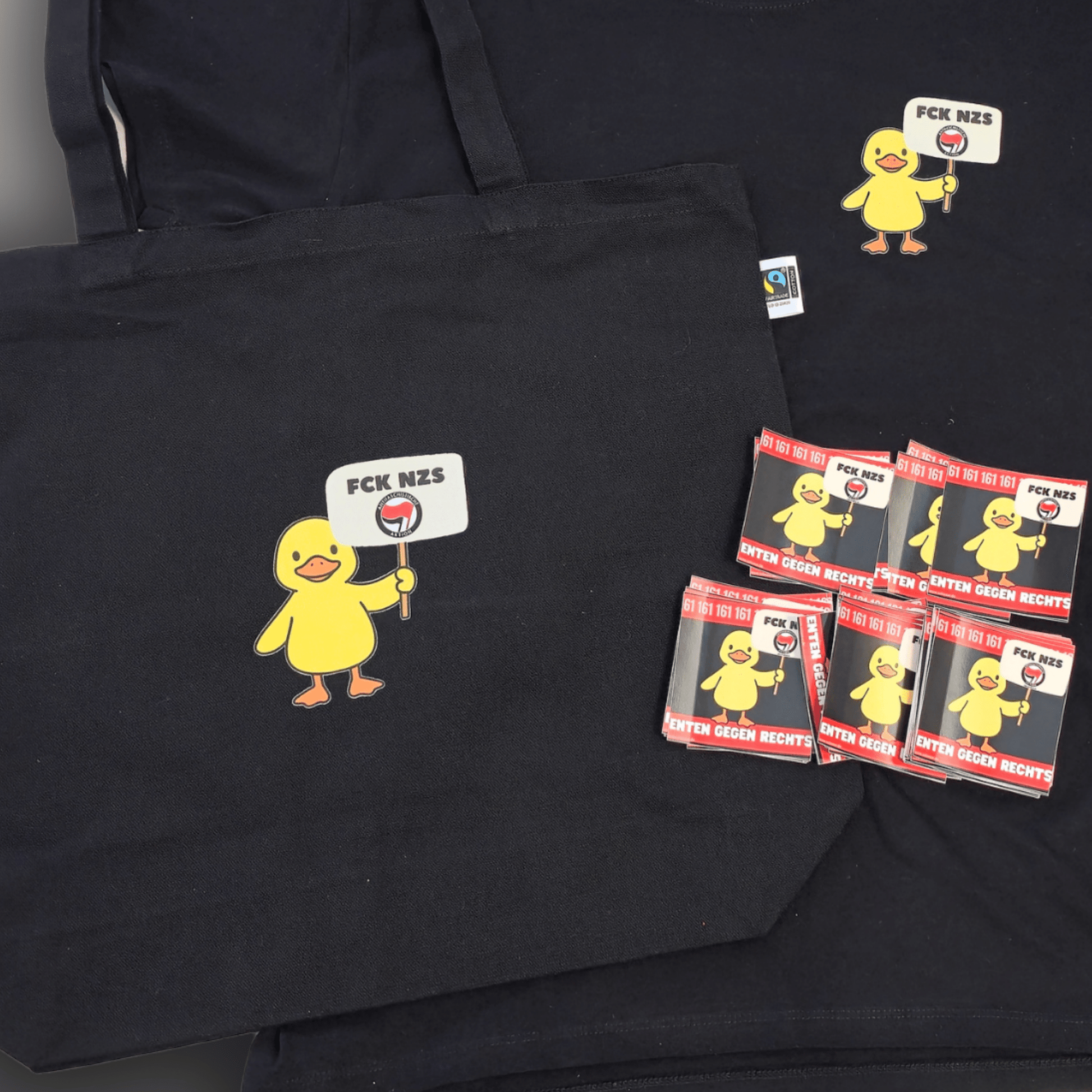 Antifa Enten Bundle – 50 Sticker + T-Shirt + Tasche | Demo - Paket - SoliWear