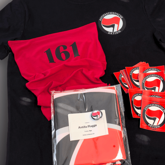 Antifa Demo Starterset – Shirt + Pin + Schal + 50 Sticker + Fahne - SoliWear